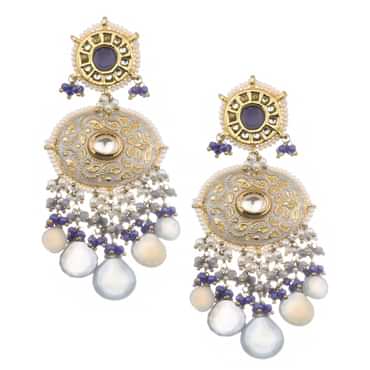 Grey And Blue Kundan Mix Metal Dangler Earrings