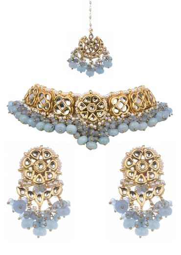 Grey And Gold Kundan Choker Set With Stones