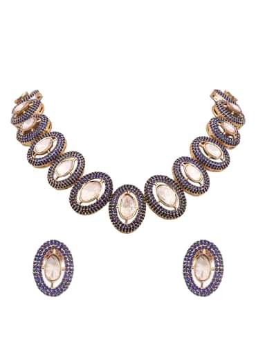 Grey And Gold Uncut Polki Short Necklace Set