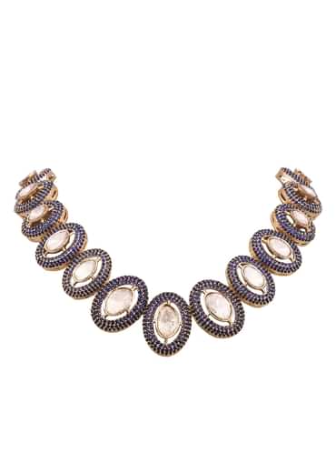 Grey And Gold Uncut Polki Short Necklace Set
