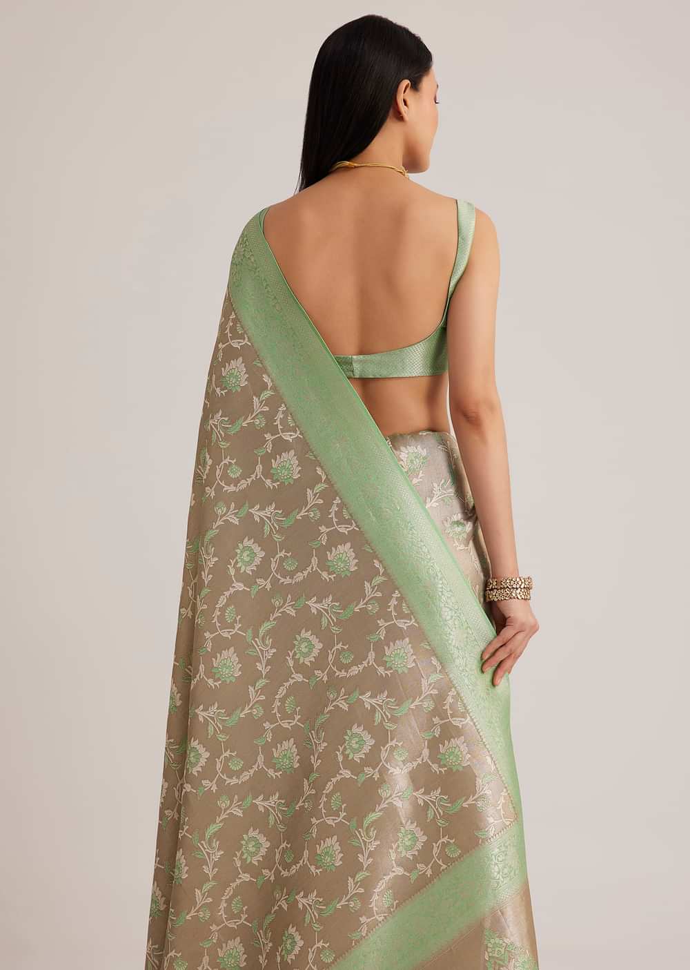 Grey And Light Green Tissue Silk Saree With Floral Jaal Work