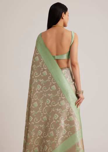 Grey And Light Green Tissue Silk Saree With Floral Jaal Work