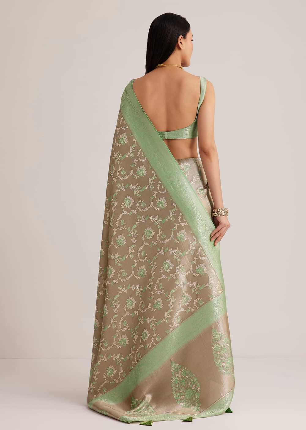 Grey And Light Green Tissue Silk Saree With Floral Jaal Work