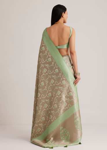 Grey And Light Green Tissue Silk Saree With Floral Jaal Work