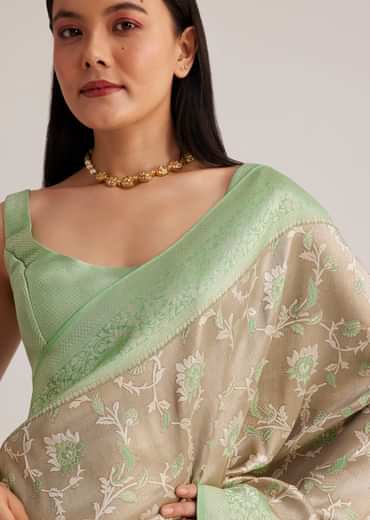 Grey And Light Green Tissue Silk Saree With Floral Jaal Work