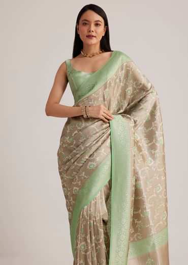 Grey And Light Green Tissue Silk Saree With Floral Jaal Work