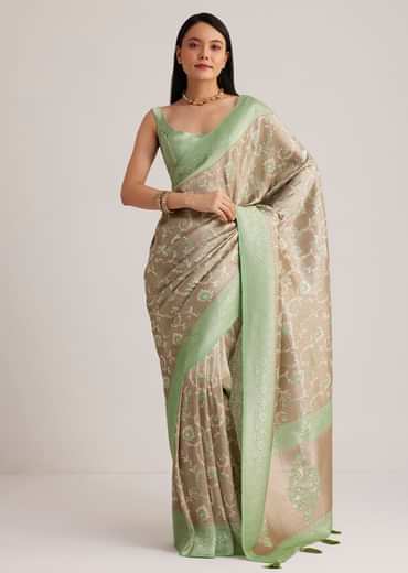 Grey And Light Green Tissue Silk Saree With Floral Jaal Work