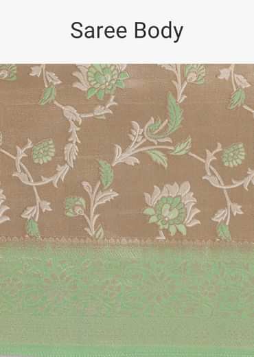 Grey And Light Green Tissue Silk Saree With Floral Jaal Work