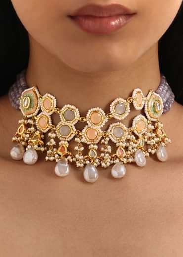 Grey And Peach Meenakari Kundan Pendant Necklace Set