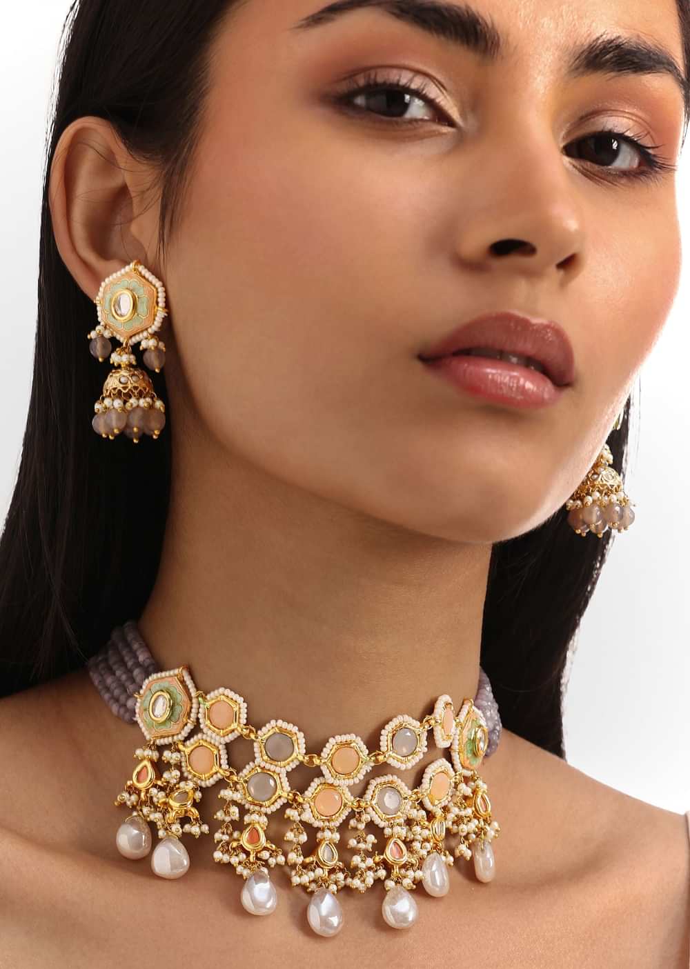 Grey And Peach Meenakari Kundan Pendant Necklace Set