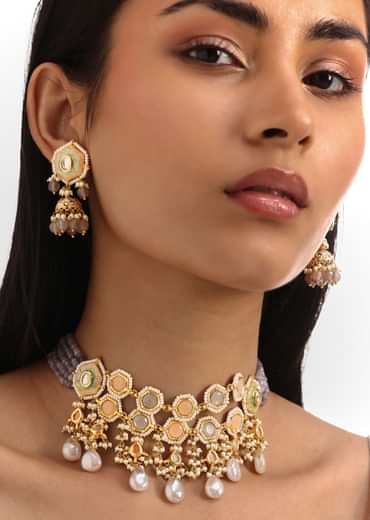 Grey And Peach Meenakari Kundan Pendant Necklace Set