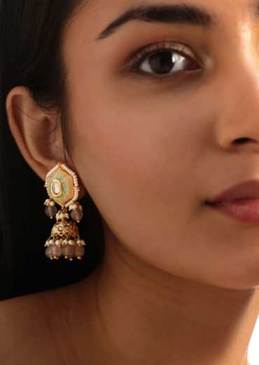 Grey And Peach Meenakari Kundan Pendant Necklace Set