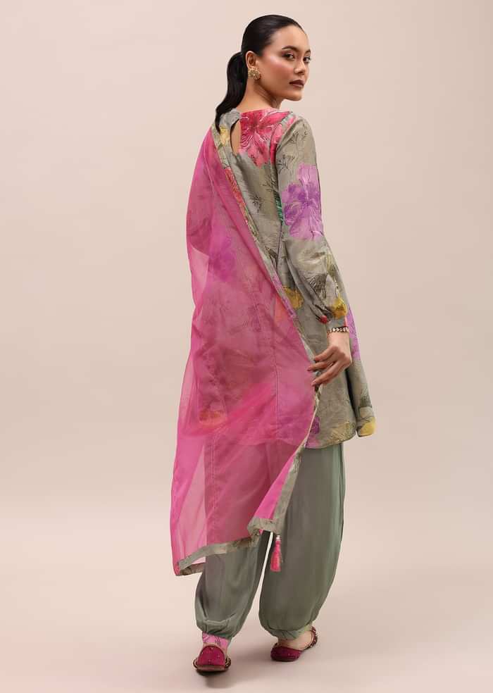 Grey And Pink Embroidered Kurta And Salwar With Dupatta