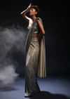 Grey And Silver Ombre Ready Pleated Saree Embellished In Sequins And Grey Velvet Blouse With Front Cut Out