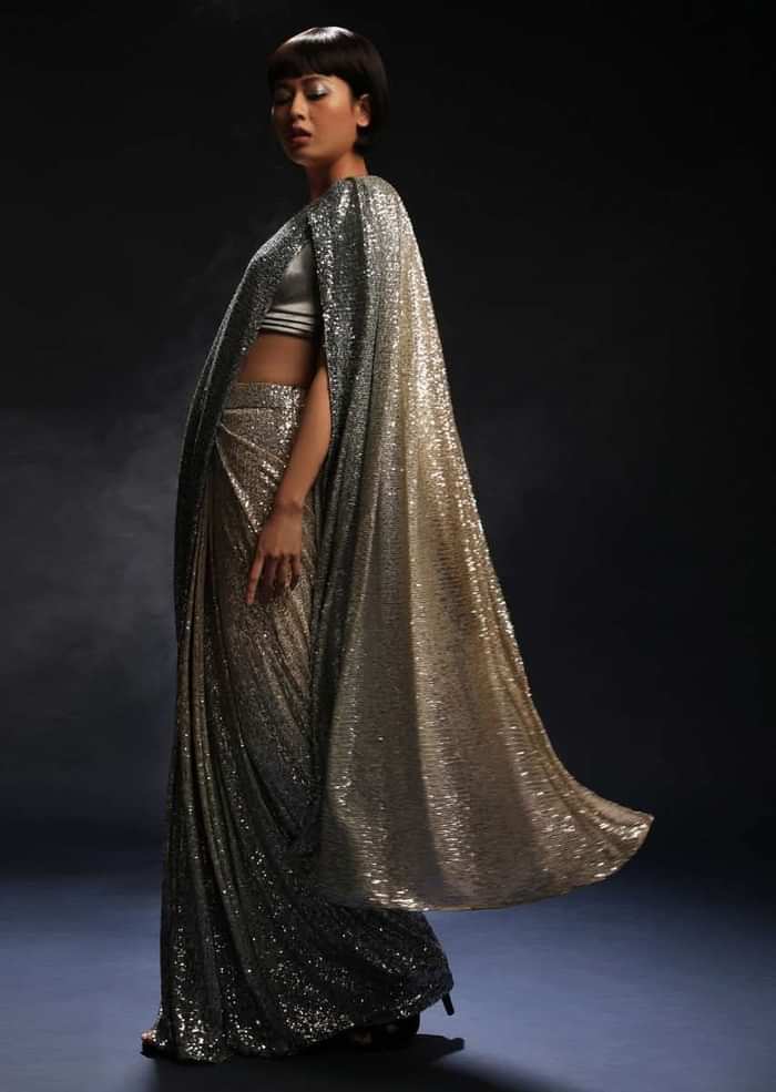 Grey And Silver Ombre Ready Pleated Saree Embellished In Sequins And Grey Velvet Blouse With Front Cut Out