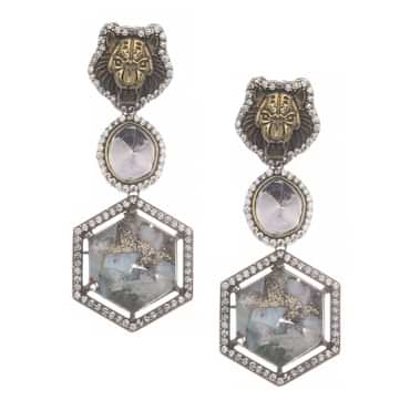 Grey And Silver Uncut Polki Mix Metal Dangler Earrings