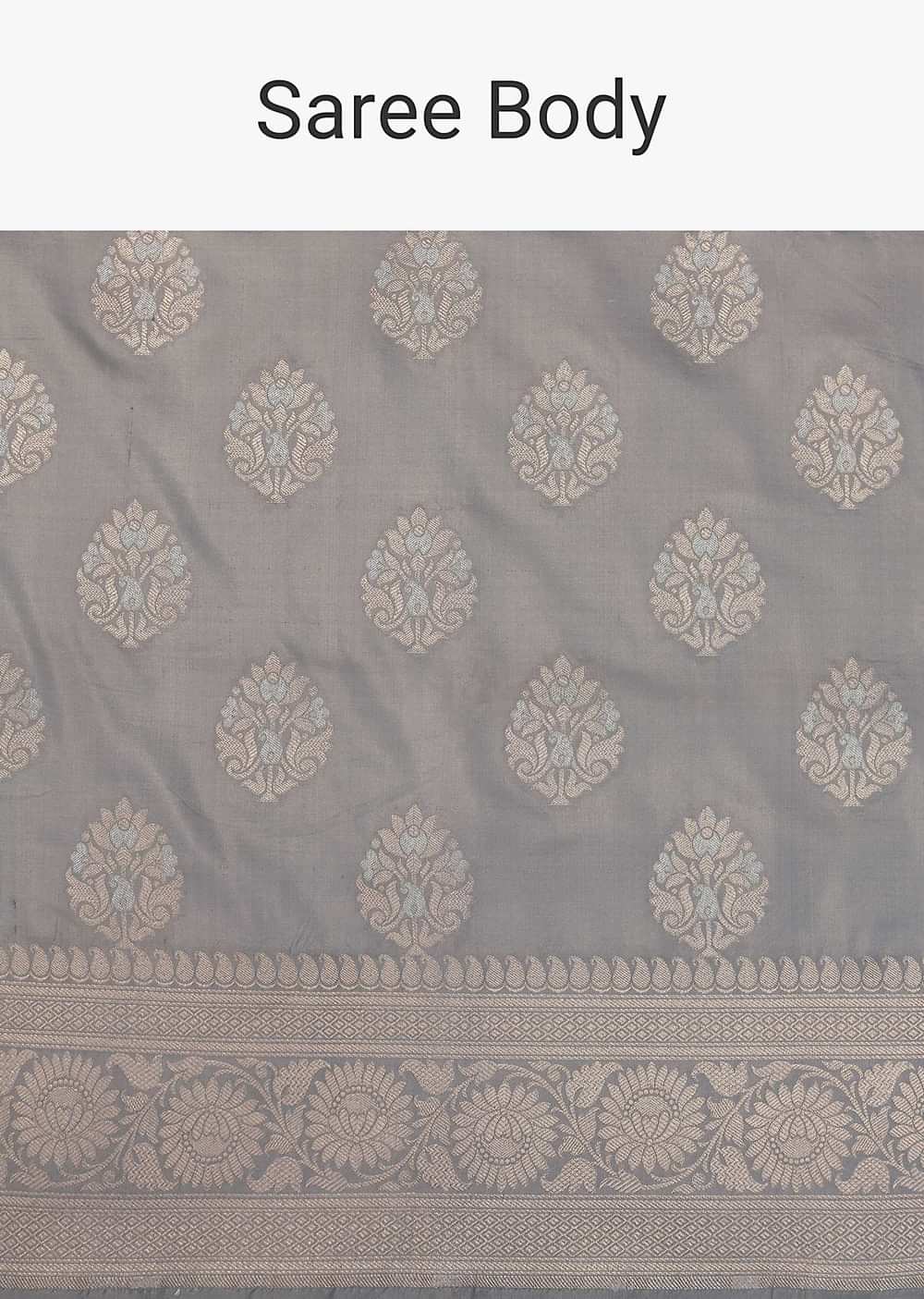 Grey Banarasi Katan Silk Saree With Zari Weave And Unstitched Blouse Piece