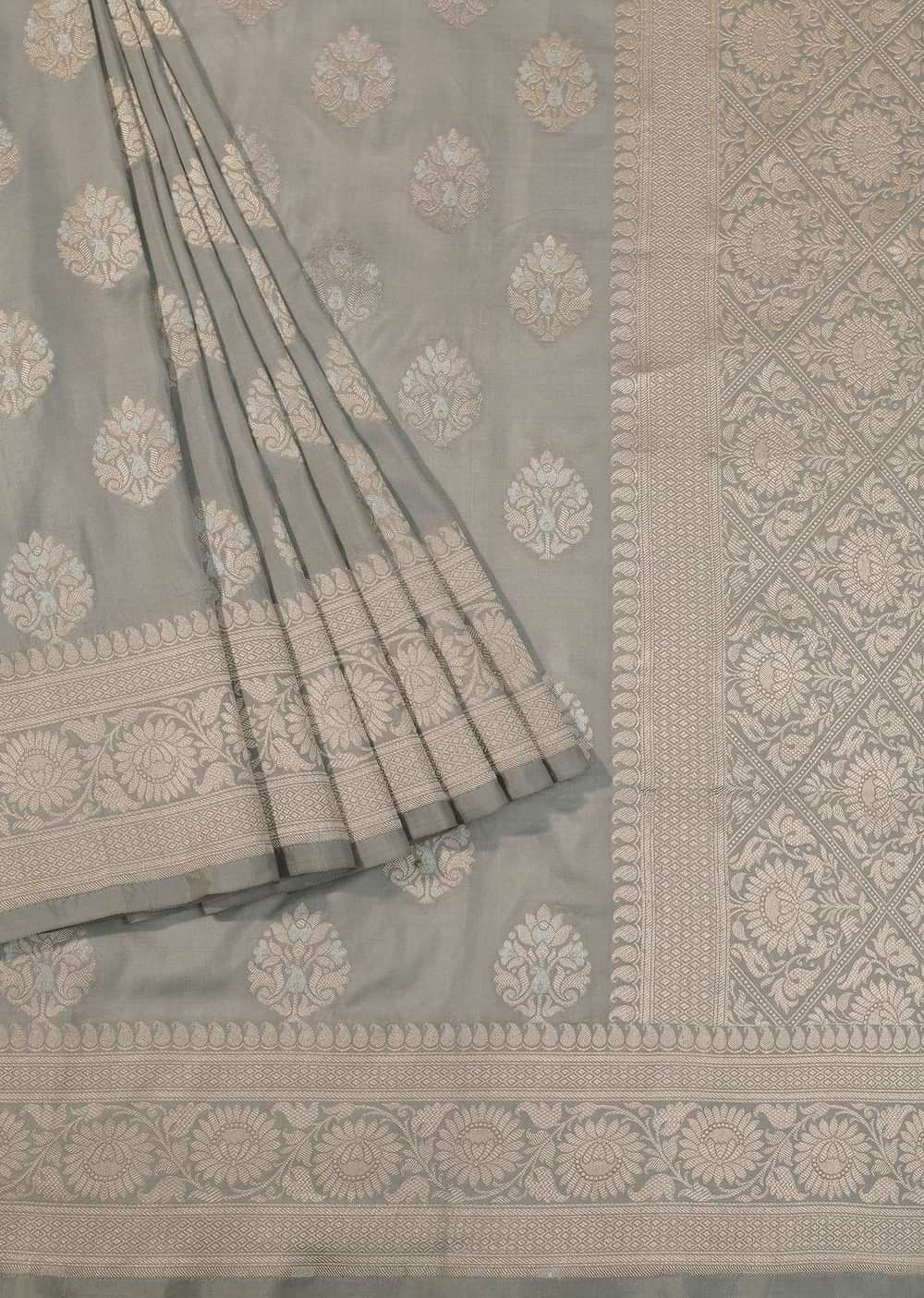 Grey Banarasi Katan Silk Saree With Zari Weave And Unstitched Blouse Piece