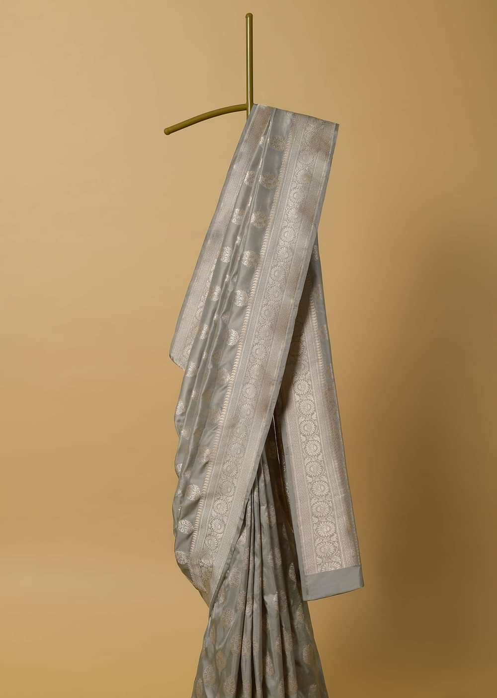 Grey Banarasi Katan Silk Saree With Zari Weave And Unstitched Blouse Piece