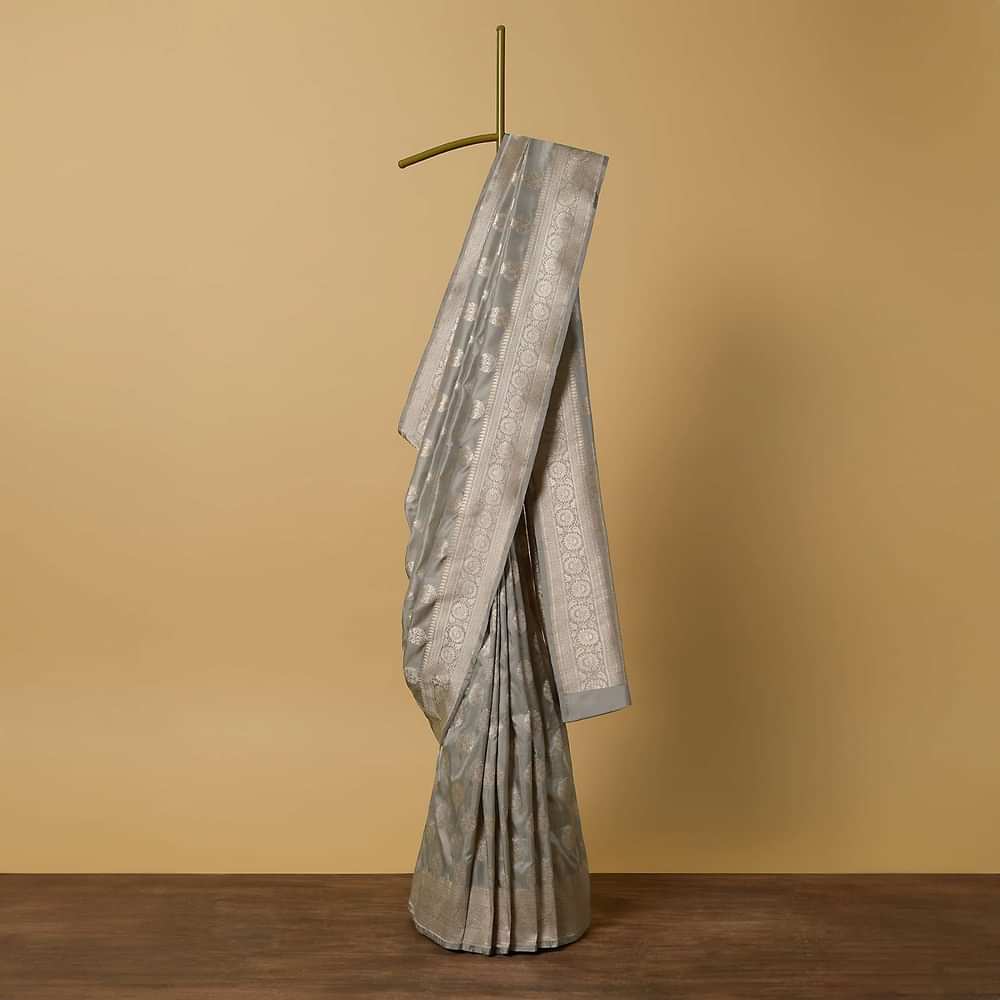 Grey Banarasi Katan Silk Saree With Zari Weave And Unstitched Blouse Piece