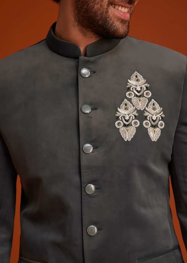 Grey Bandhgala With Embroidered Crest Grey Bandhgala With Embroidered Crest
