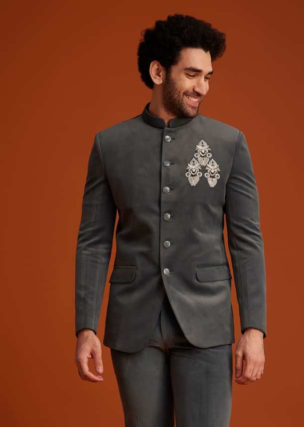 Grey Bandhgala With Embroidered Crest Grey Bandhgala With Embroidered Crest