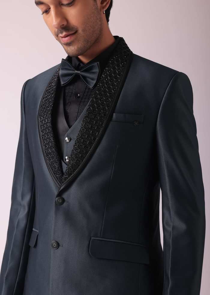 Grey Blazer & Pant Set In Terry Rayon Fabric