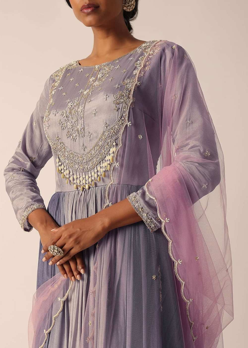 Grey Chiffon Anarkali Set With Pearl Work