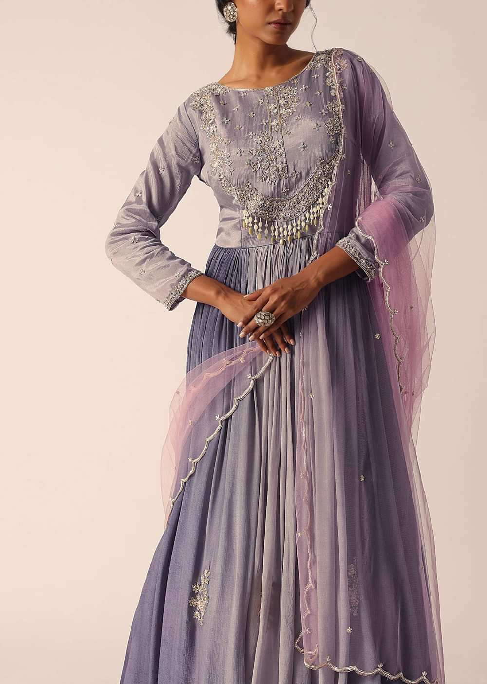 Grey Chiffon Anarkali Set With Pearl Work