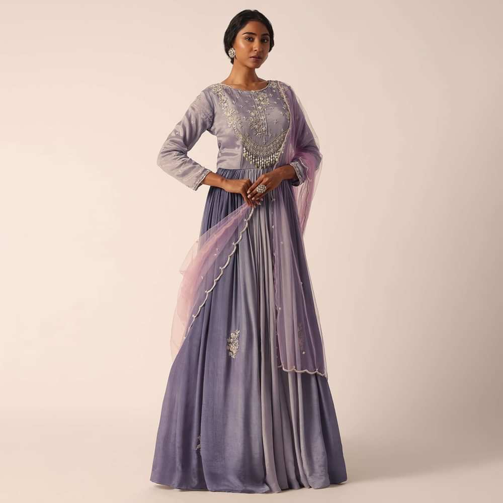 Grey Chiffon Anarkali Set With Pearl Work