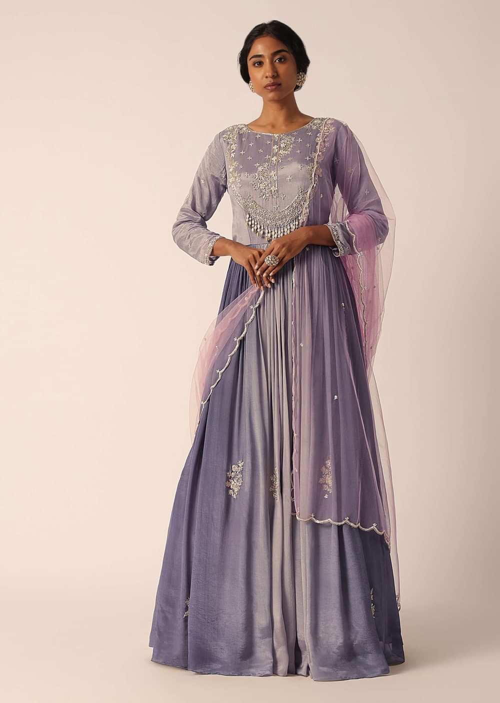 Grey Chiffon Anarkali Set With Pearl Work