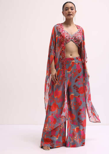 Grey Chiffon Palazzo Set With Jacket