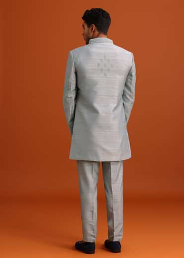 Grey Cotton Silk Sherwani Set With Resham Work