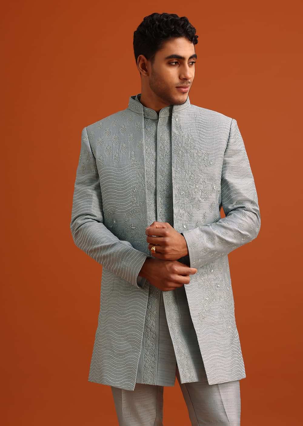 Grey Cotton Silk Sherwani Set With Resham Work