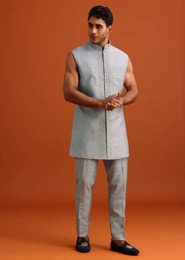 Grey Cotton Silk Sherwani Set With Resham Work