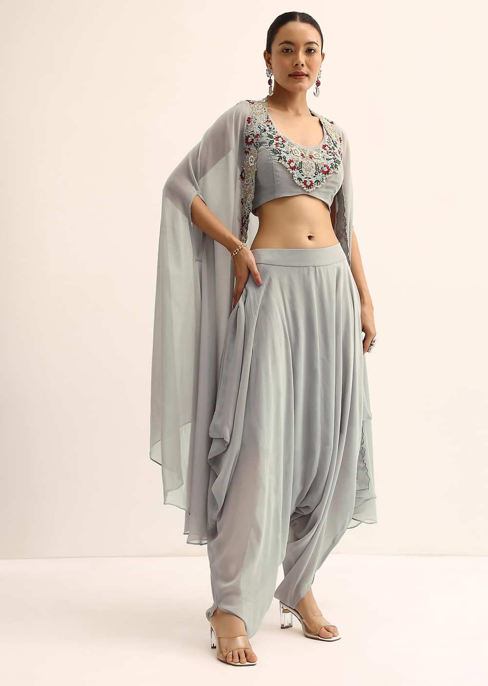 Grey Crop Top With Dhoti And Jacket