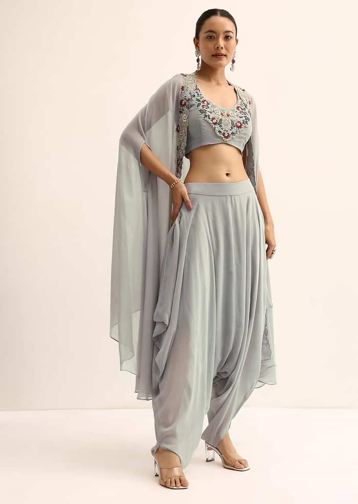 Grey Crop Top With Dhoti And Jacket