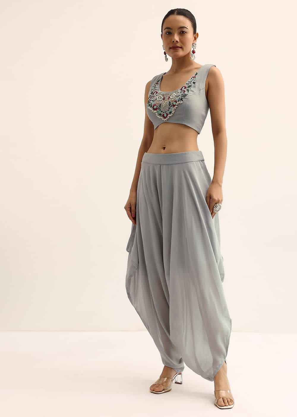 Grey Crop Top With Dhoti And Jacket