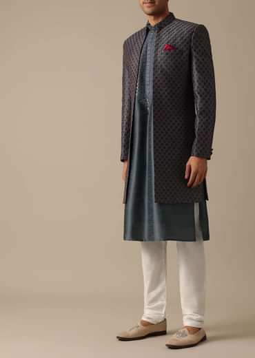 Grey Dupion Silk Sherwani Set With Mirror Work