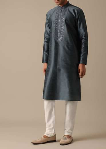 Grey Dupion Silk Sherwani Set With Mirror Work