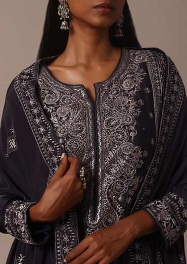 Grey Embellished Pant Set In Chinnon With Thread Embroidered Kurta