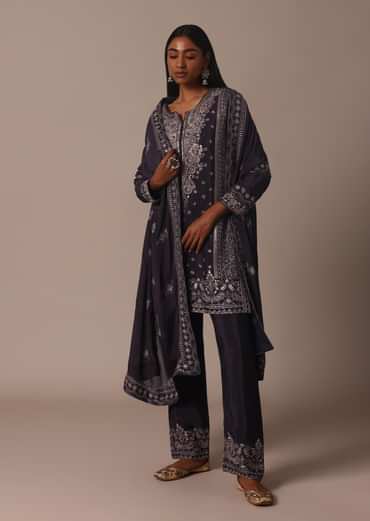 Grey Embellished Pant Set In Chinnon With Thread Embroidered Kurta