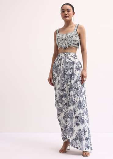 Grey Embroidered Crop Top And Skirt Set
