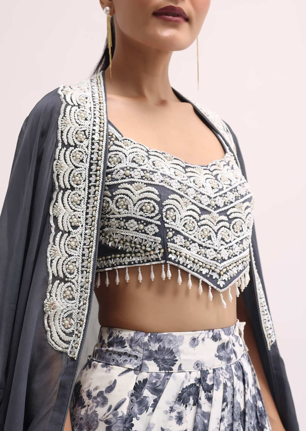Grey Embroidered Crop Top And Skirt Set