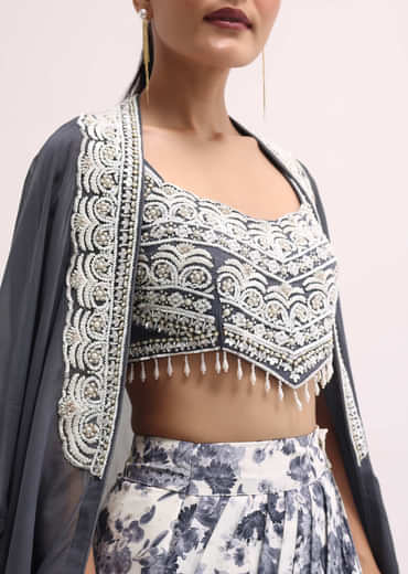 Grey Embroidered Crop Top And Skirt Set