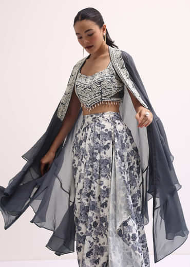 Grey Embroidered Crop Top And Skirt Set