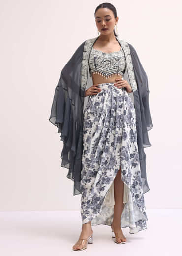 Grey Embroidered Crop Top And Skirt Set