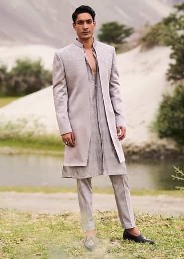 Grey Embroidered Linen Nawabi Suit
