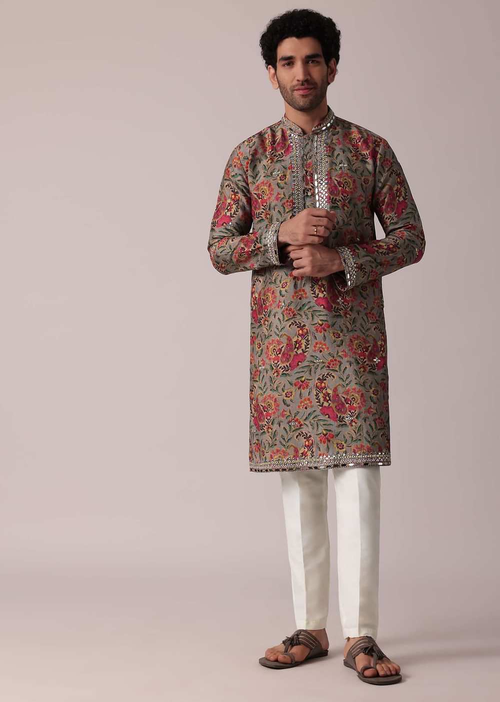Grey Festive Floral Printed Silk Kurta Set For Men