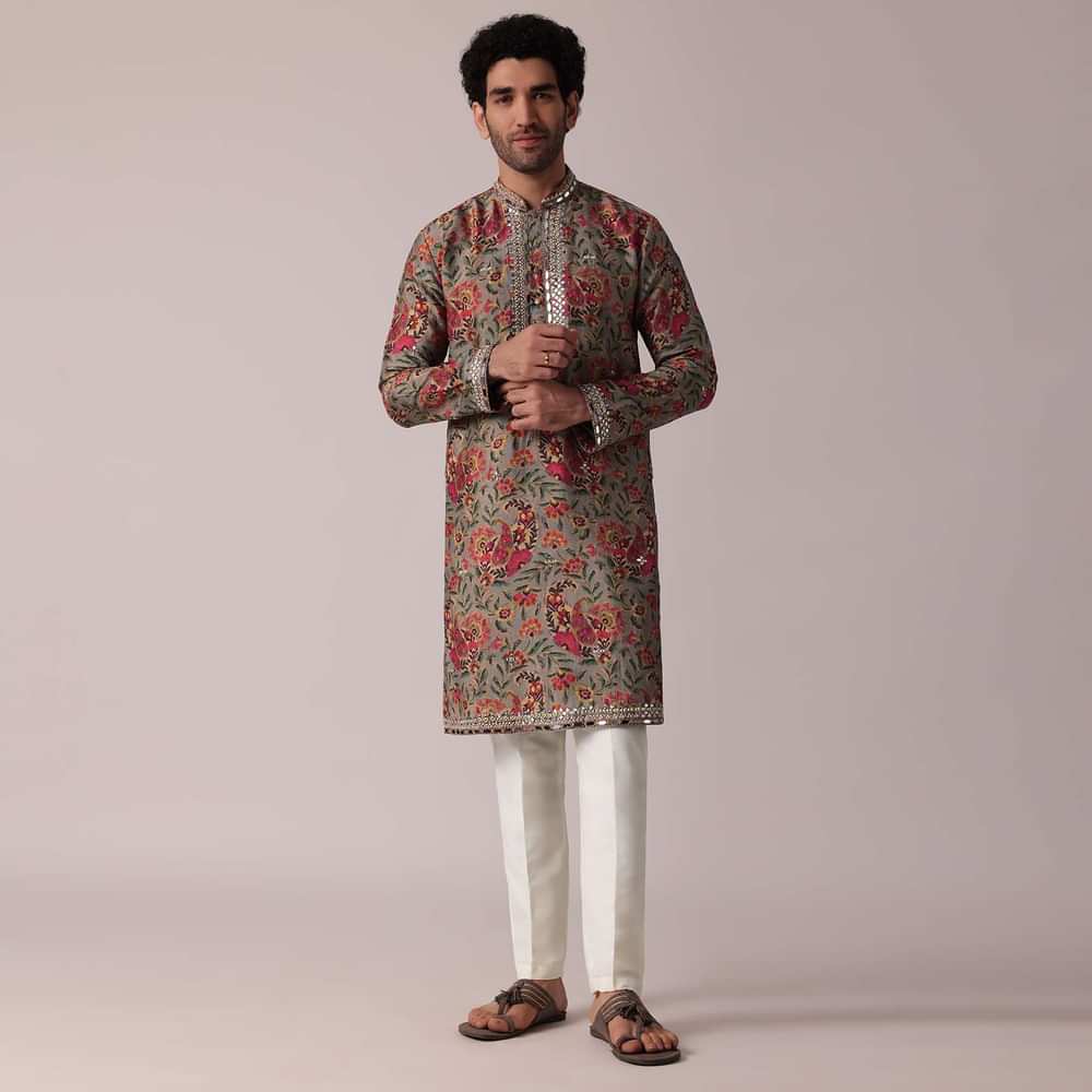 Grey Festive Floral Printed Silk Kurta Set For Men
